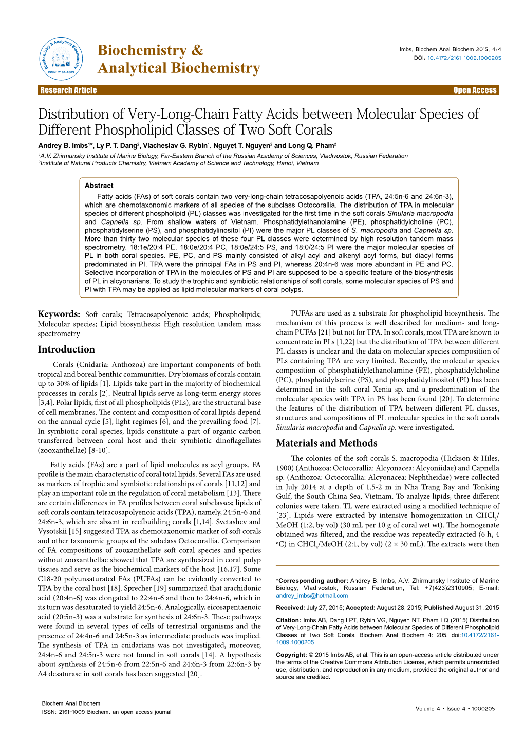 Distribution of Very-Long-Chain Fatty Acids Between Molecular Species of Different Phospholipid Classes of Two Soft Corals Andrey B