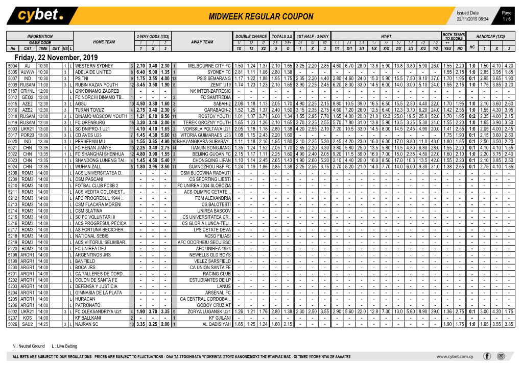 Midweek Regular Coupon 22/11/2019 08:34 1 / 6