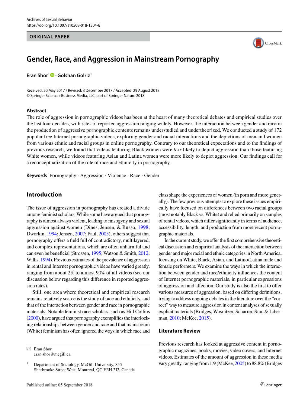 Gender, Race, and Aggression in Mainstream Pornography