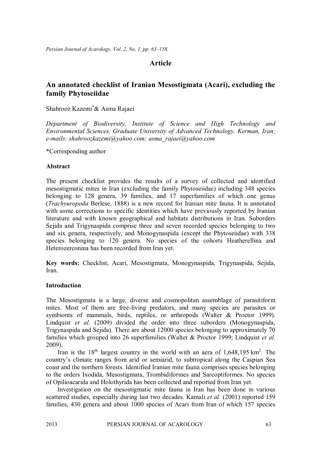 Article an Annotated Checklist of Iranian Mesostigmata (Acari)