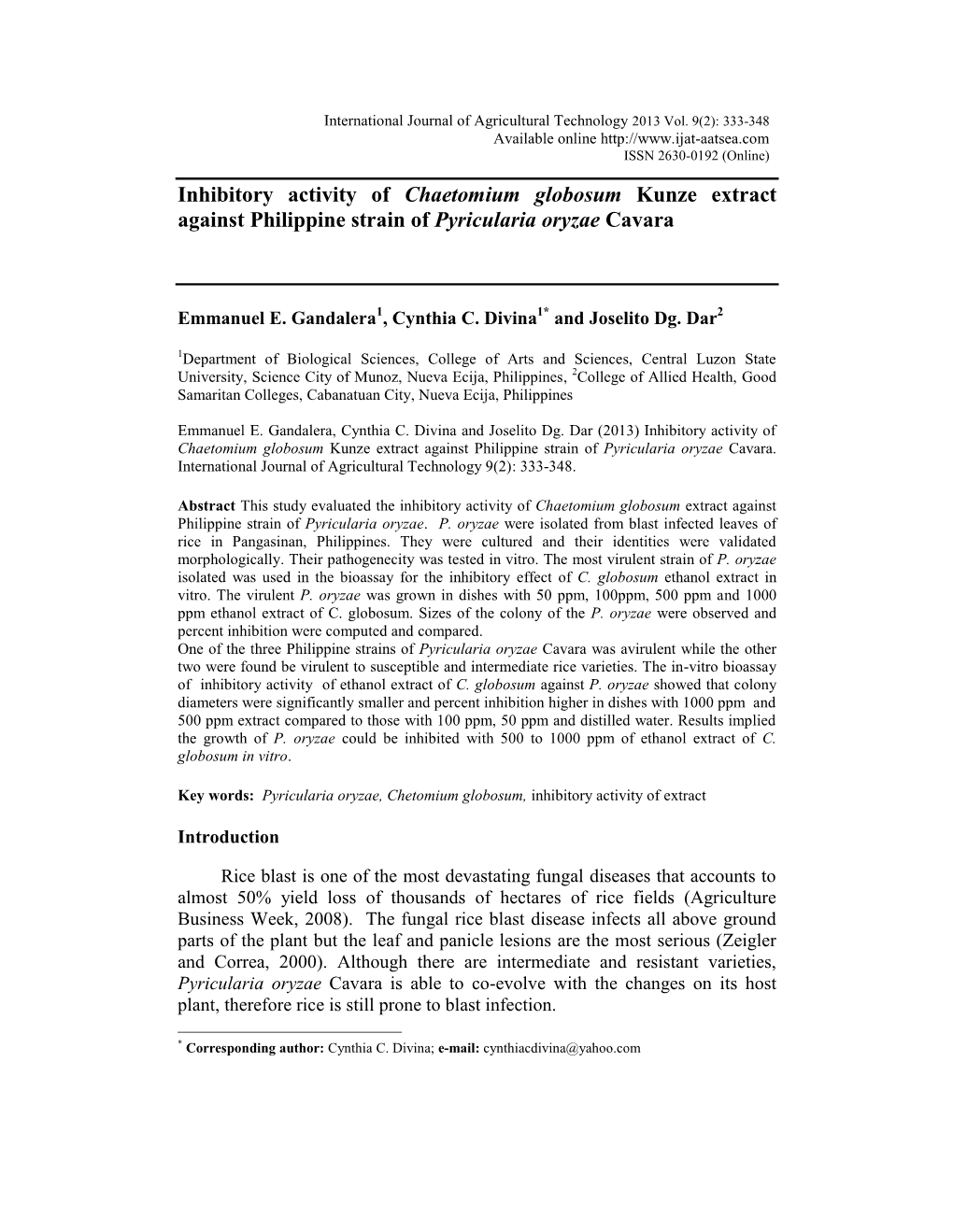 Inhibitory Activity of Chaetomium Globosum Kunze Extract Against Philippine Strain of Pyricularia Oryzae Cavara