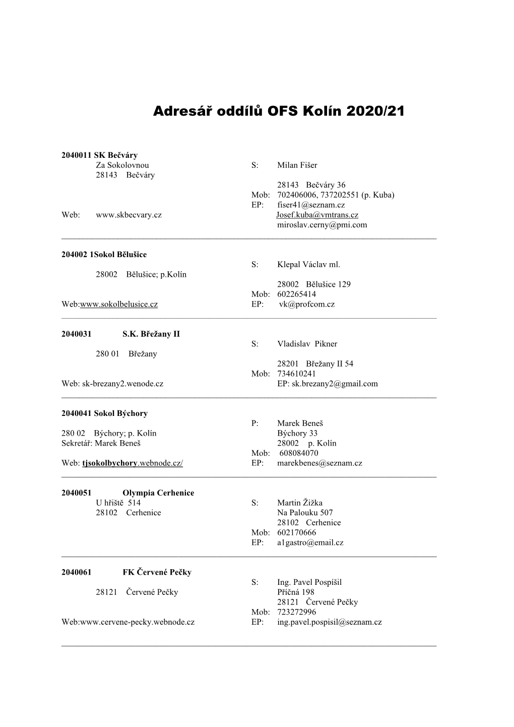 Adresář Oddílů OFS Kolín 2020/21