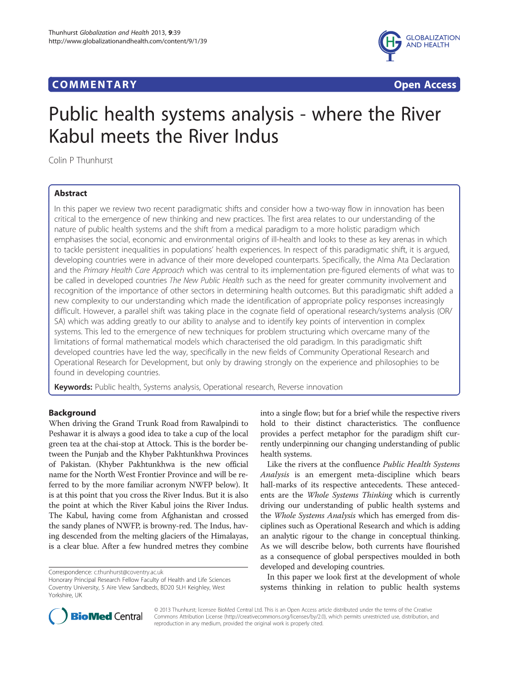 Public Health Systems Analysis - Where the River Kabul Meets the River Indus Colin P Thunhurst