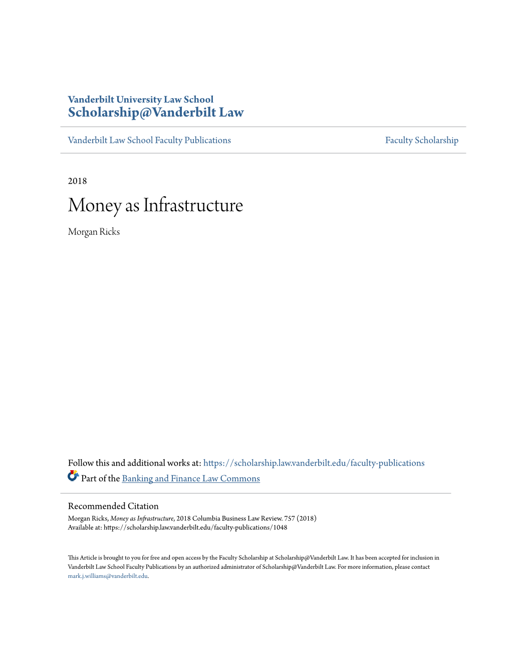 Money As Infrastructure Morgan Ricks