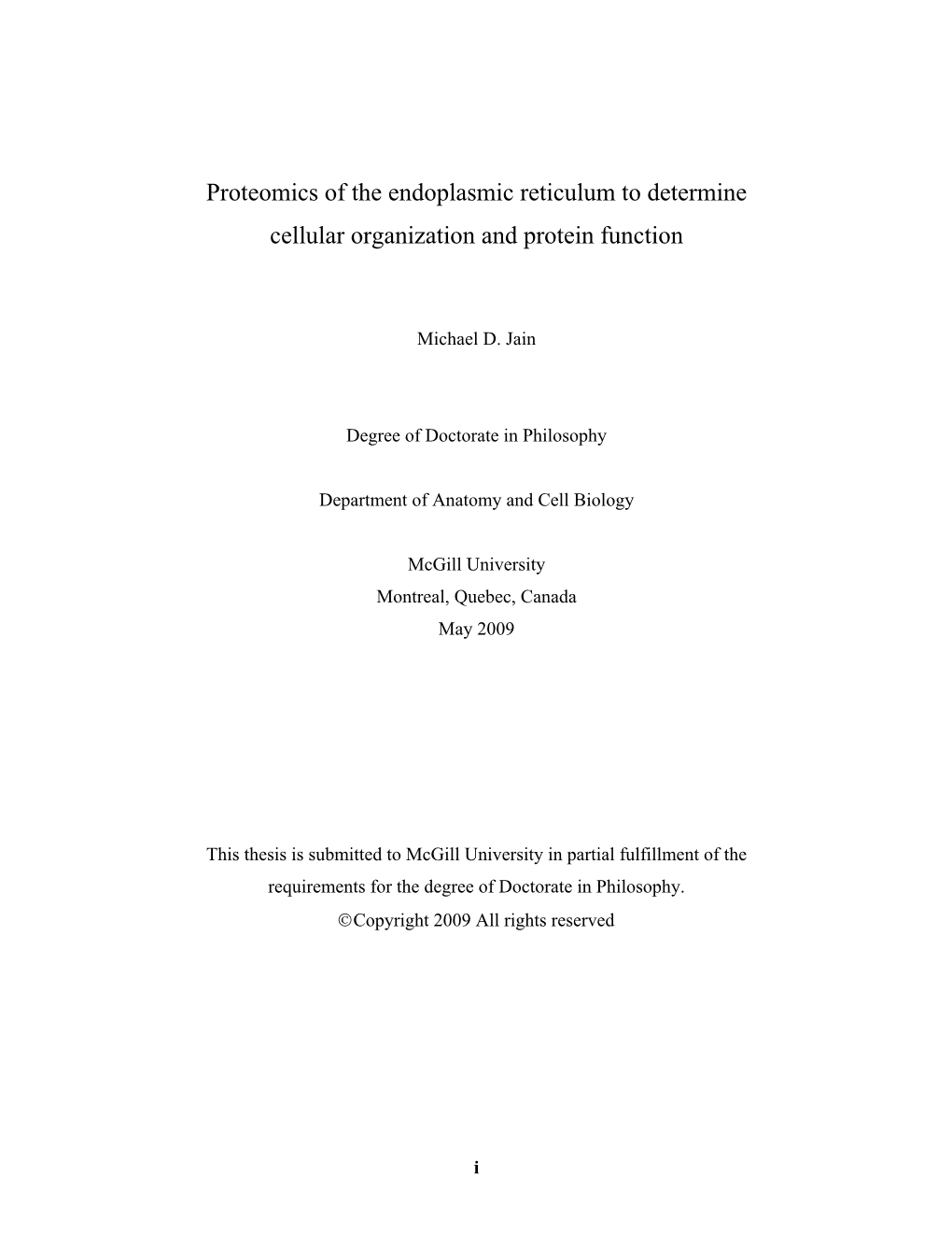 Proteomics of the Endoplasmic Reticulum to Determine Cellular Organization and Protein Function