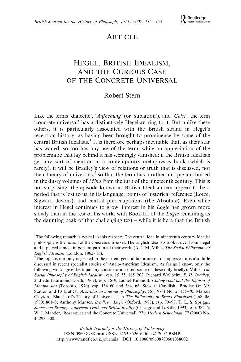 Article Hegel, British Idealism, and the Curious Case Of