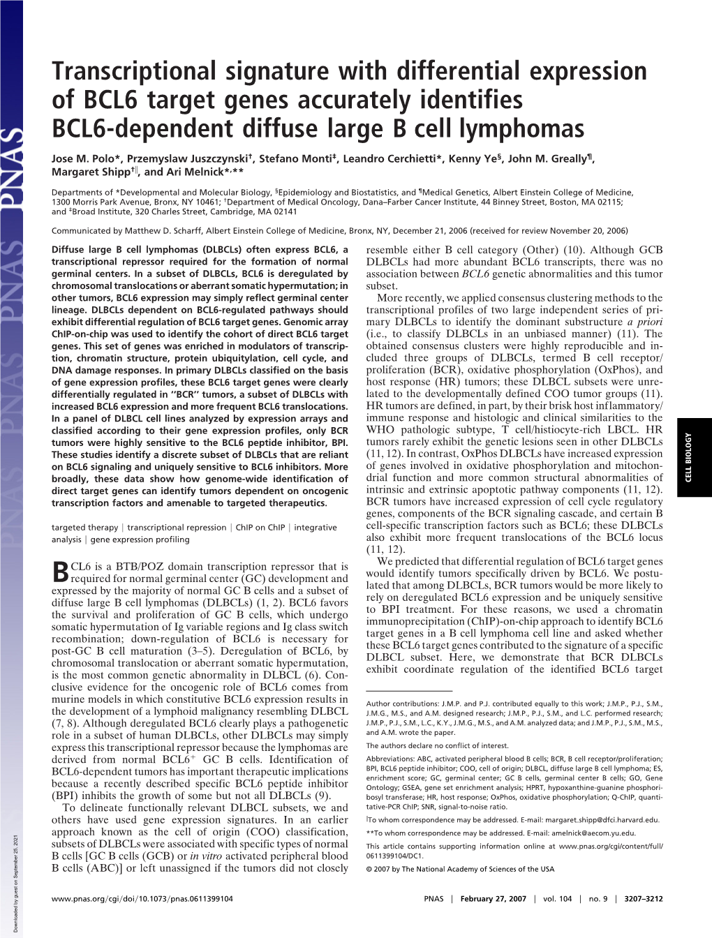 Transcriptional Signature with Differential Expression of BCL6 Target Genes Accurately Identifies BCL6-Dependent Diffuse Large B Cell Lymphomas