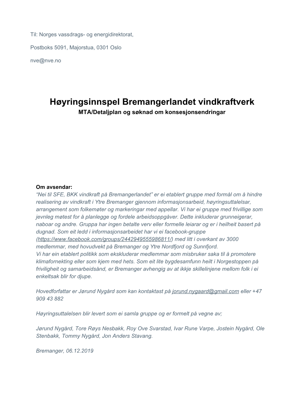 Høyringsinnspel Bremangerlandet Vindkraftverk MTA/Detaljplan Og Søknad Om Konsesjonsendringar