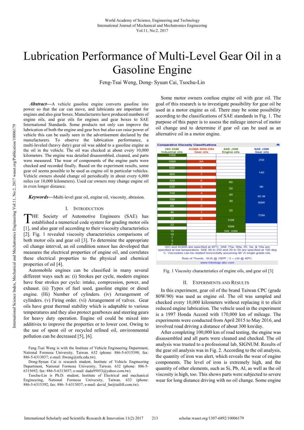 Lubrication Performance of Multi-Level Gear Oil in a Gasoline Engine Feng-Tsai Weng, Dong- Syuan Cai, Tsochu-Lin