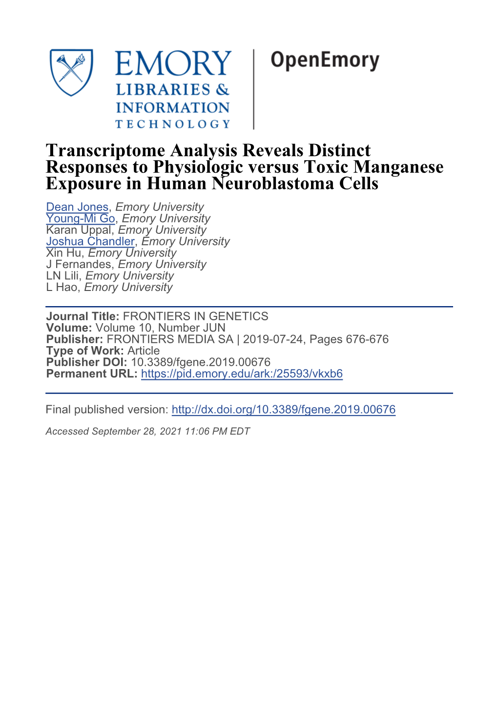 Transcriptome Analysis Reveals Distinct Responses to Physiologic