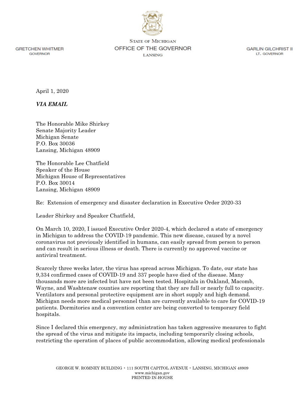 April 1, 2020 VIA EMAIL the Honorable Mike Shirkey Senate Majority Leader Michigan Senate P.O. Box 30036 Lansing, Michigan 4890