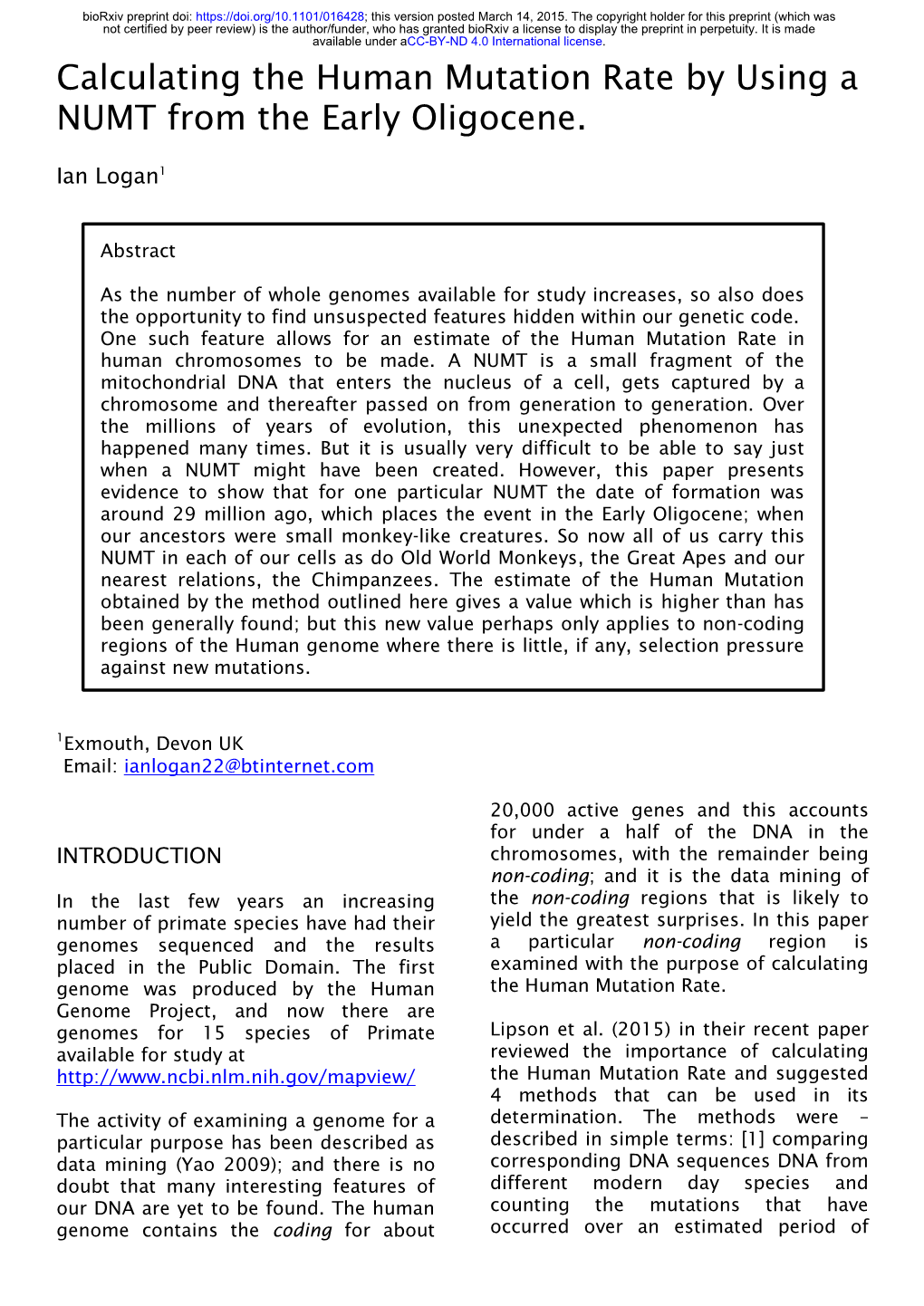 Calculating the Human Mutation Rate by Using a NUMT from the Early Oligocene