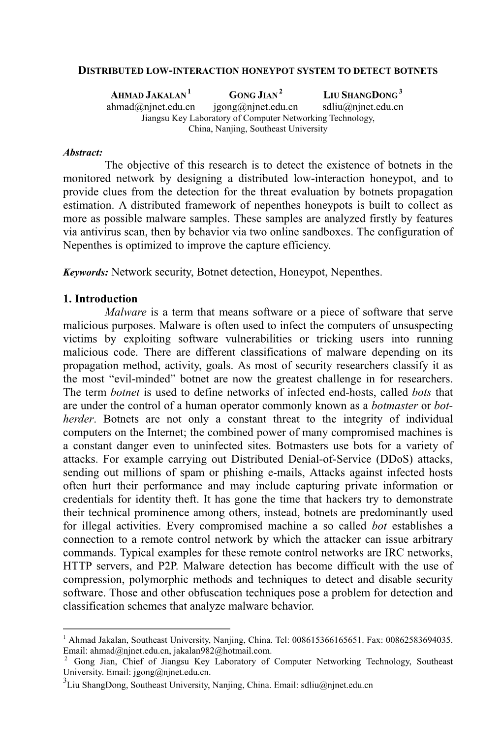 Distributed Low-Interaction Honeypot System to Detect Botnets