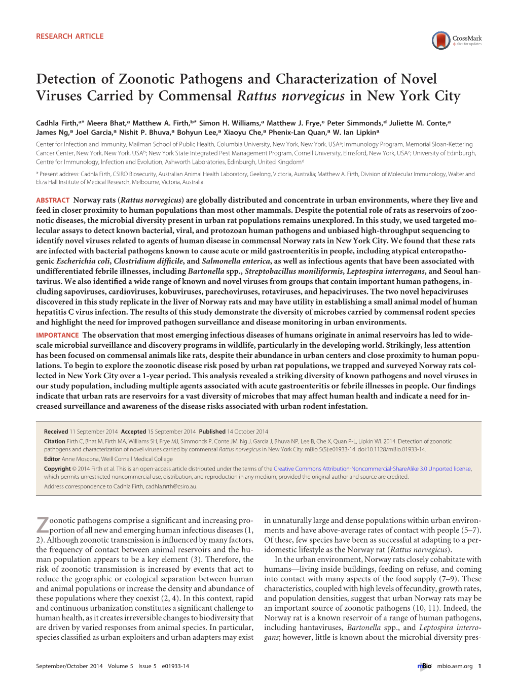 Detection of Zoonotic Pathogens and Characterization of Novel Viruses Carried by Commensal Rattus Norvegicus in New York City