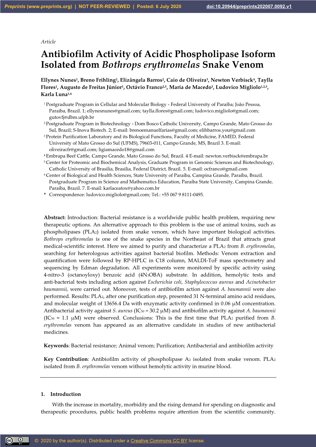 Antibiofilm Activity of Acidic Phospholipase Isoform Isolated from Bothrops Erythromelas Snake Venom