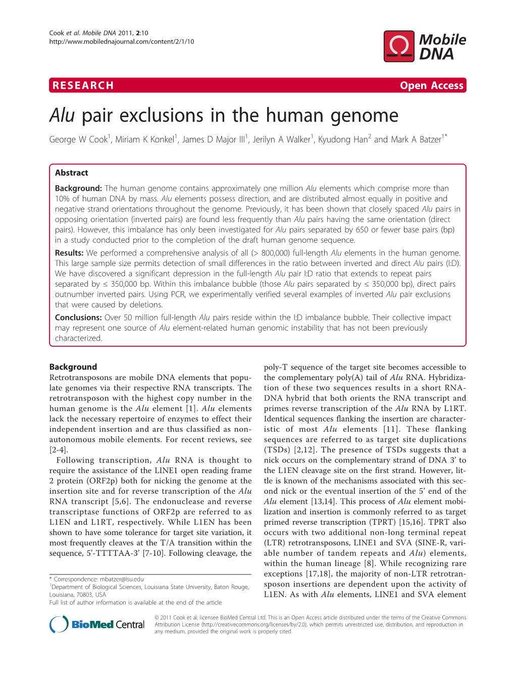Alu Pair Exclusions in the Human Genome George W Cook1, Miriam K Konkel1, James D Major III1, Jerilyn a Walker1, Kyudong Han2 and Mark a Batzer1*