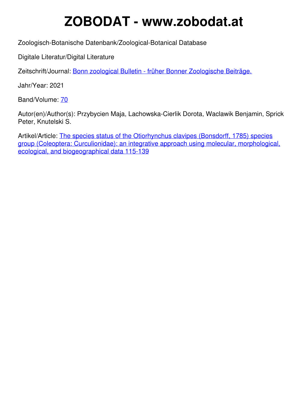 The Species Status of the Otiorhynchus Clavipes (Bonsdorff, 1785)