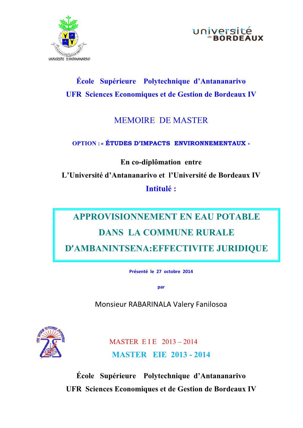 Approvisionnement En Eau Potable Dans La Commune Rurale D’Ambanintsena:Effectivite Juridique