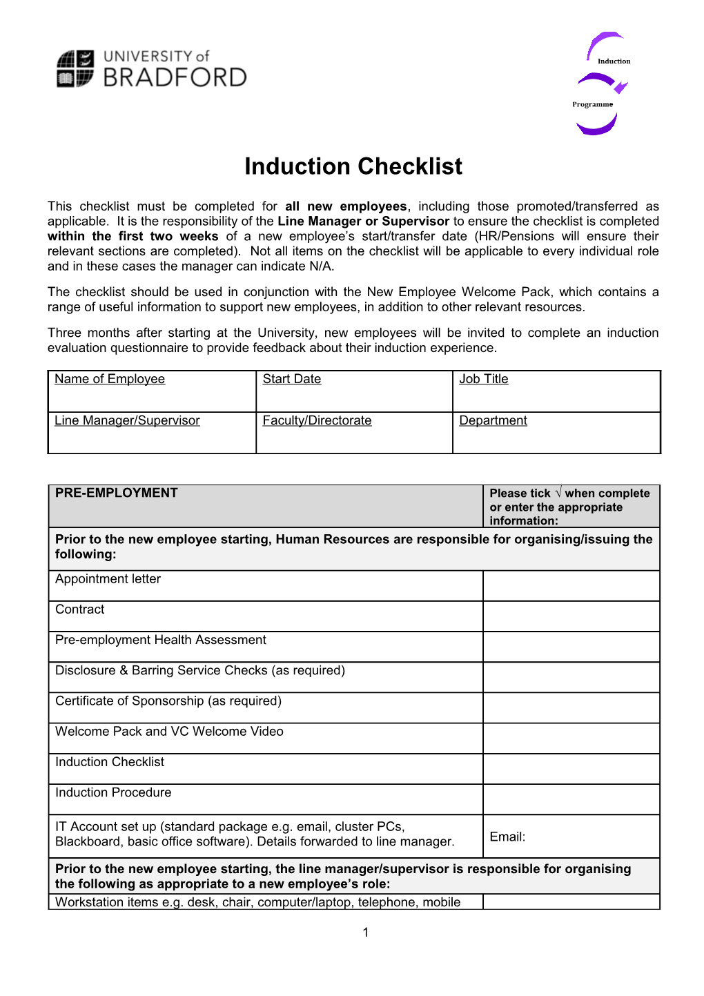 Induction Checklist