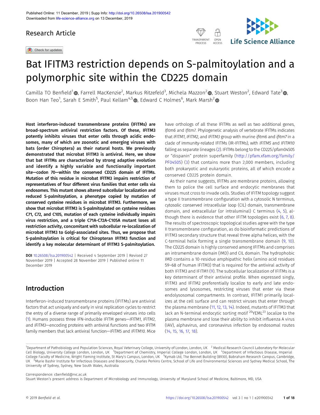 Bat IFITM3 Restriction Depends on S-Palmitoylation and a Polymorphic Site Within the CD225 Domain