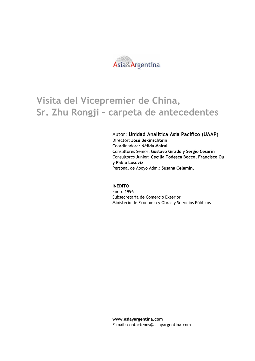 Visita Del Vicepremier De China, Sr. Zhu Rongji – Carpeta De Antecedentes