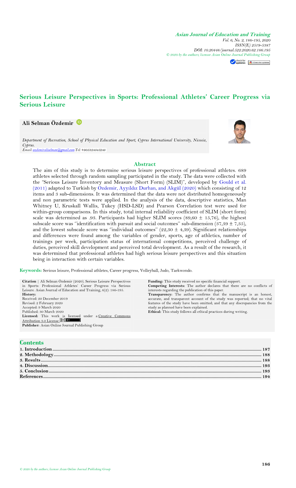 Serious Leisure Perspectives in Sports: Professional Athletes’ Career Progress Via Serious Leisure