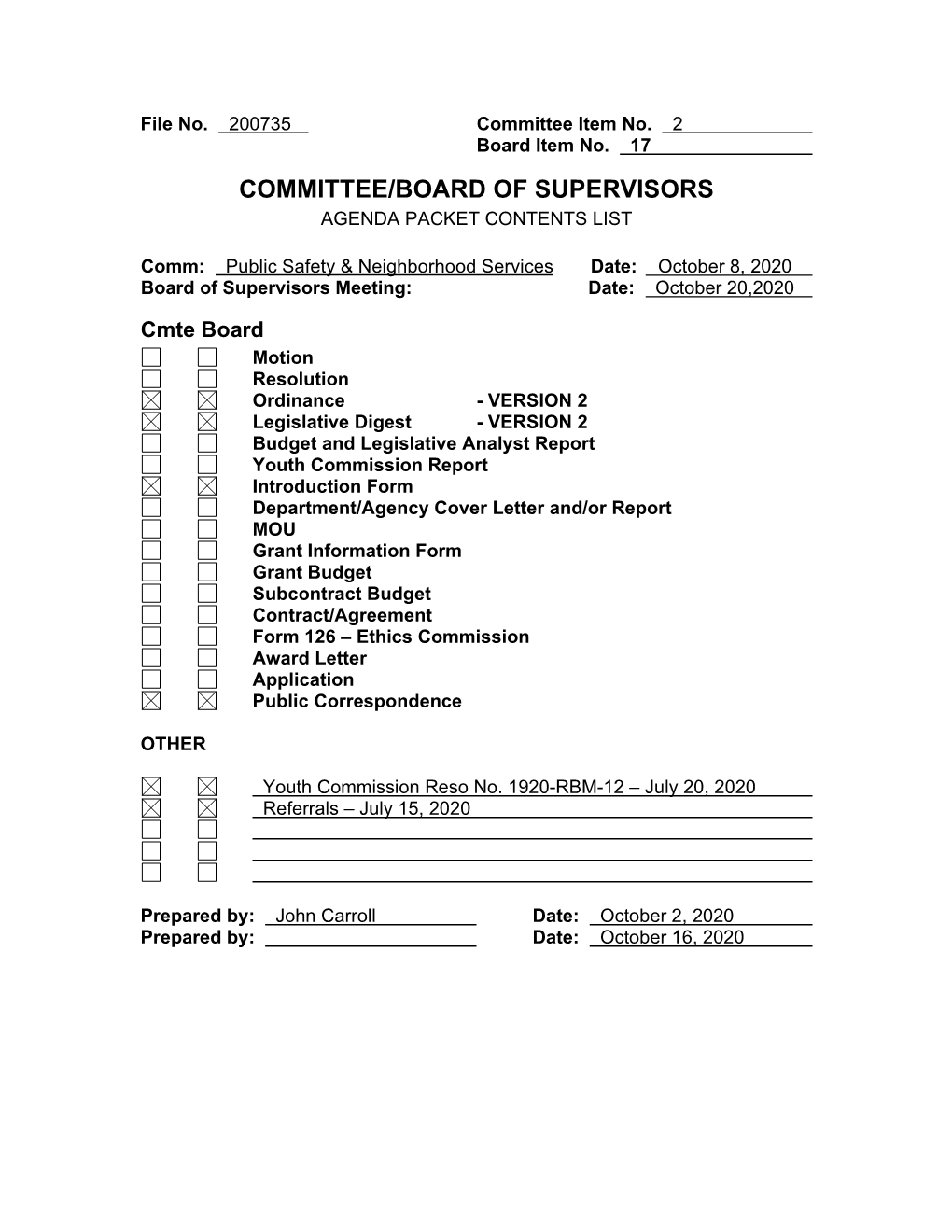 Committee/Board of Supervisors Agenda Packet Contents List