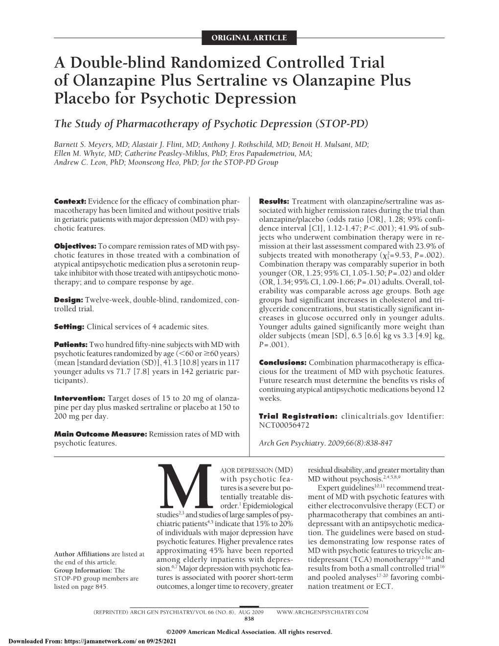 A Double-Blind Randomized Controlled Trial of Olanzapine Plus Sertraline Vs Olanzapine Plus Placebo for Psychotic Depression