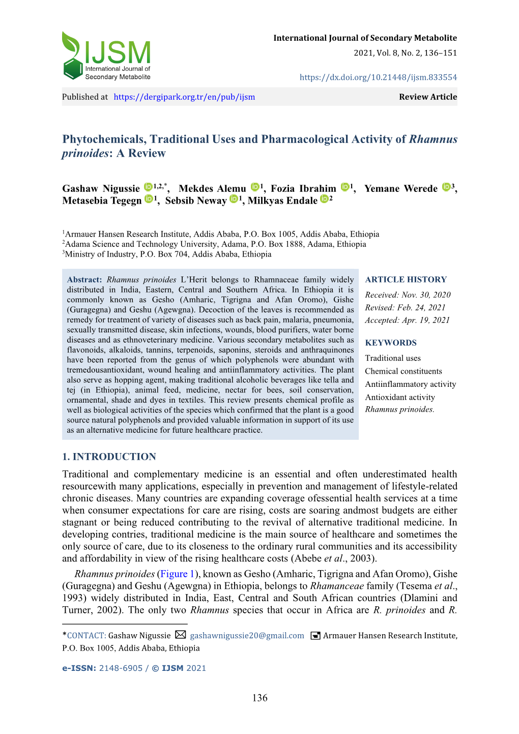 Phytochemicals, Traditional Uses and Pharmacological Activity of Rhamnus Prinoides: a Review