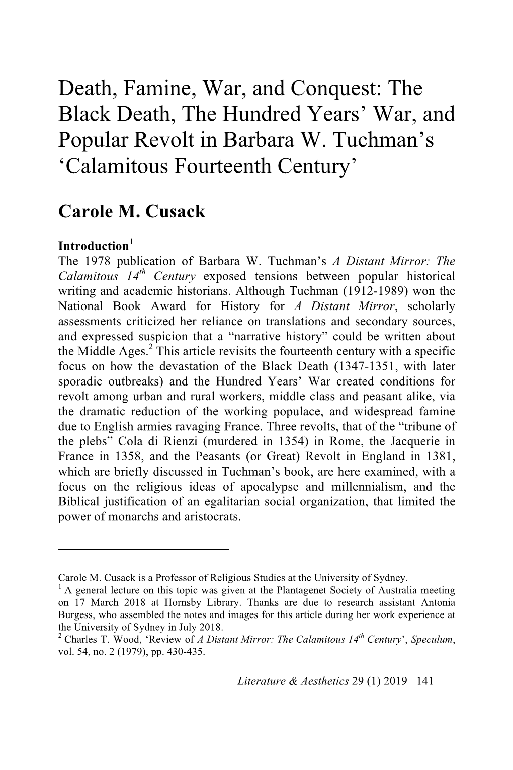 The Black Death, the Hundred Years' War, and Popular Revolt in Barbara W. Tuchman's