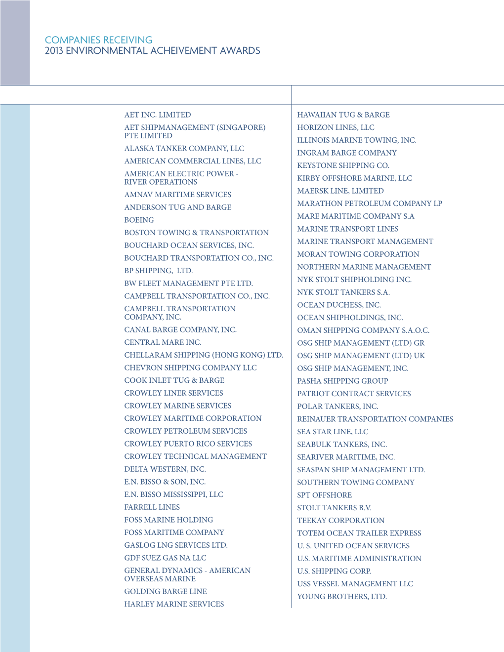 Companies Receiving 2013 Environmental Acheivement Awards