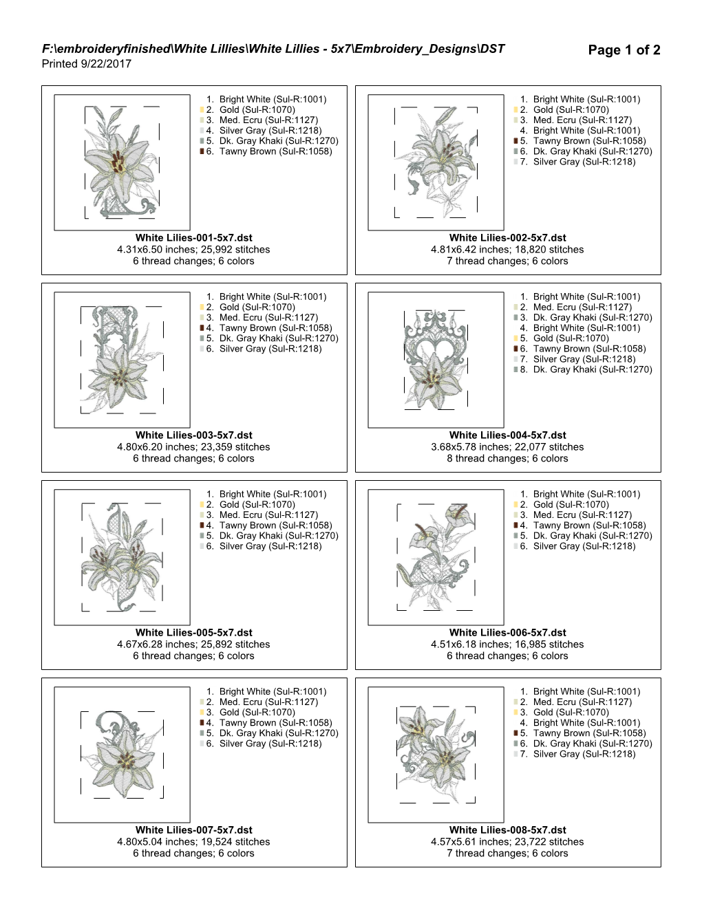 White Lillies Thread Chart and Stitch Count