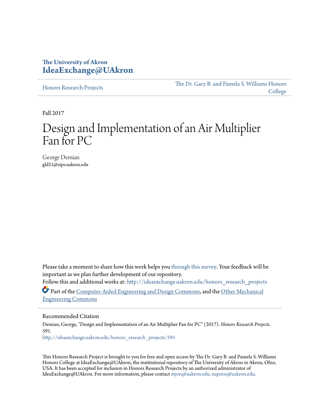Design and Implementation of an Air Multiplier Fan for PC George Demian Gld21@Zips.Uakron.Edu