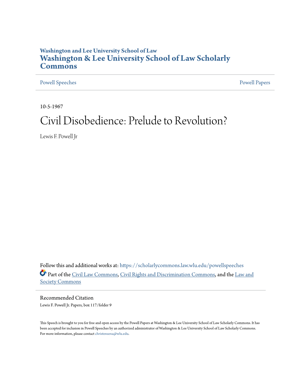 Civil Disobedience: Prelude to Revolution? Lewis F