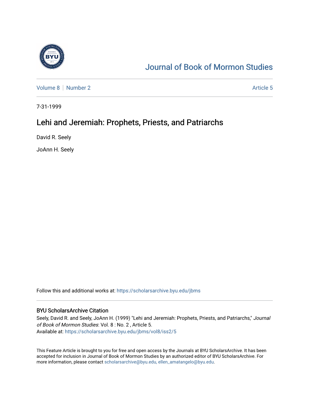 Lehi and Jeremiah: Prophets, Priests, and Patriarchs