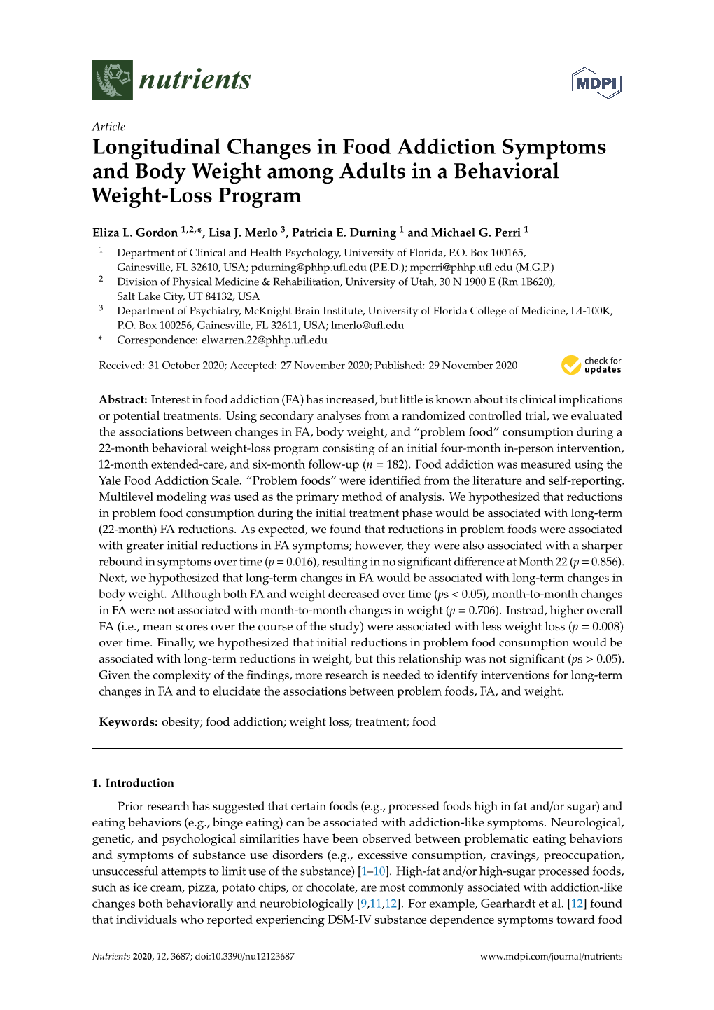 Longitudinal Changes in Food Addiction Symptoms and Body Weight Among Adults in a Behavioral Weight-Loss Program