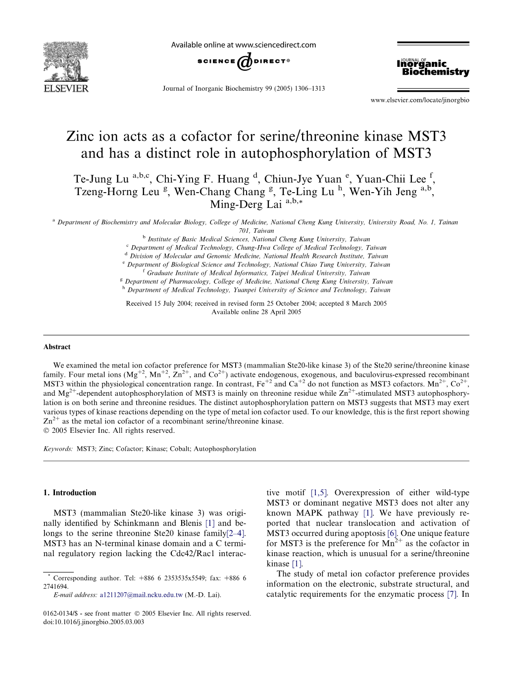 Zinc Ion Acts As a Cofactor for Serine/Threonine Kinase MST3 and Has a Distinct Role in Autophosphorylation of MST3