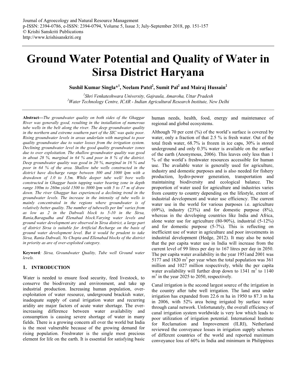 Ground Water Potential and Quality of Water in Sirsa District Haryana