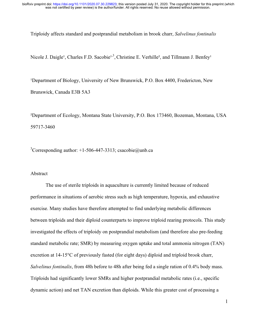 Triploidy Affects Standard and Postprandial Metabolism in Brook Charr, Salvelinus Fontinalis