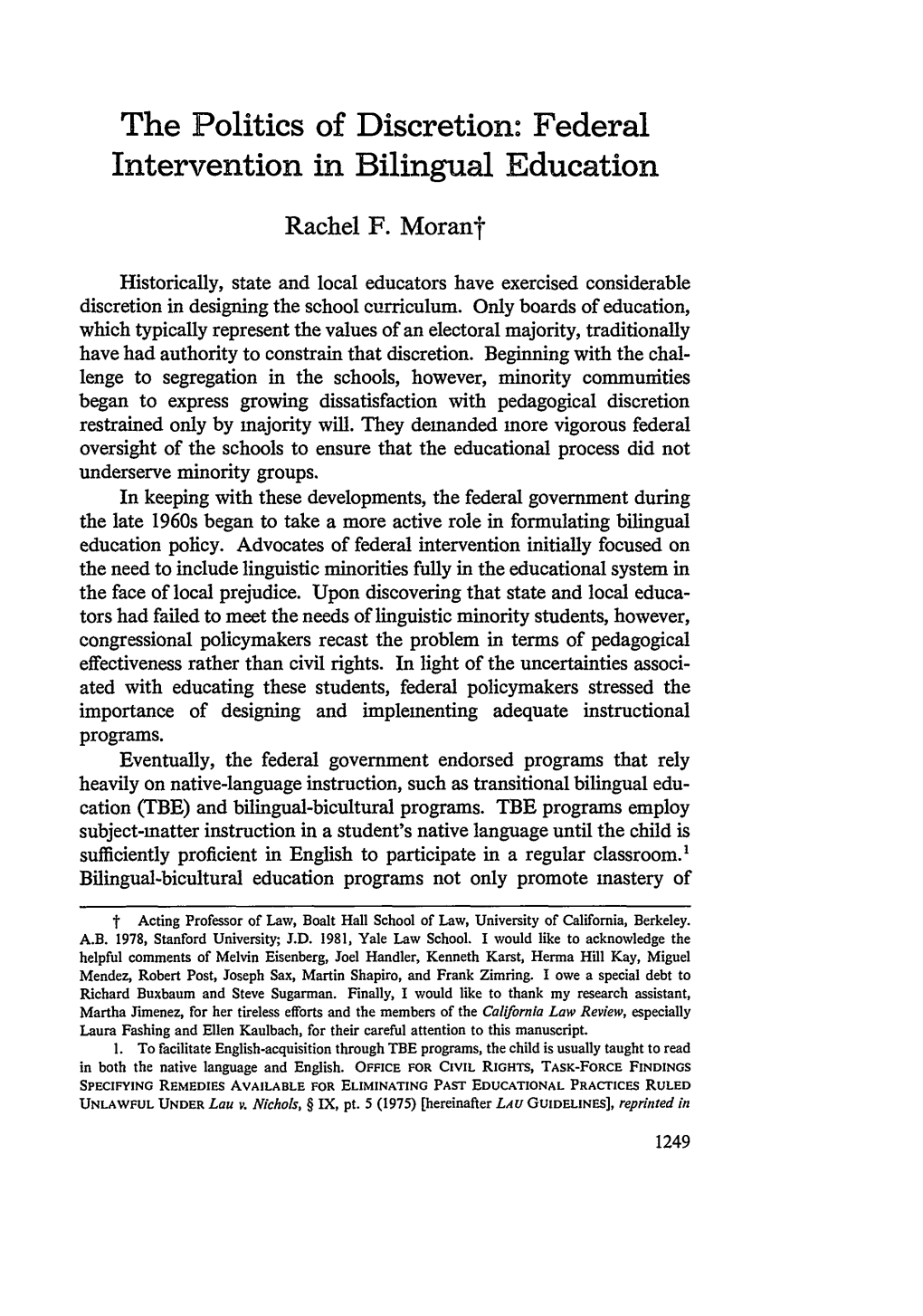 The Politics of Discretion: Federal Intervention in Bilingual Education