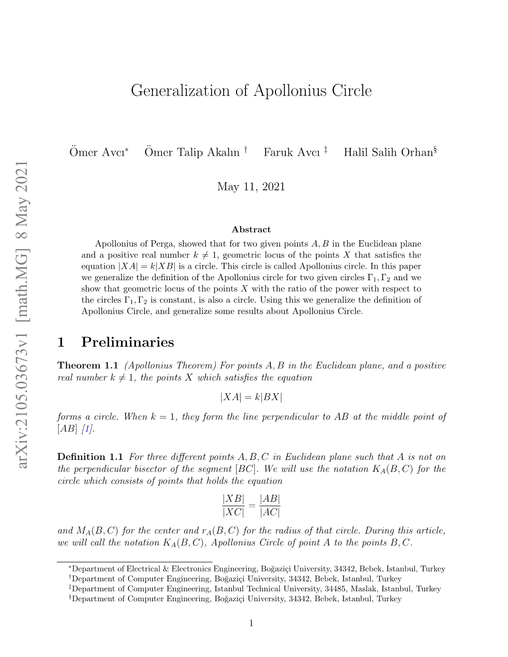 Generalization of Apollonius Circle Arxiv:2105.03673V1 [Math.MG] 8