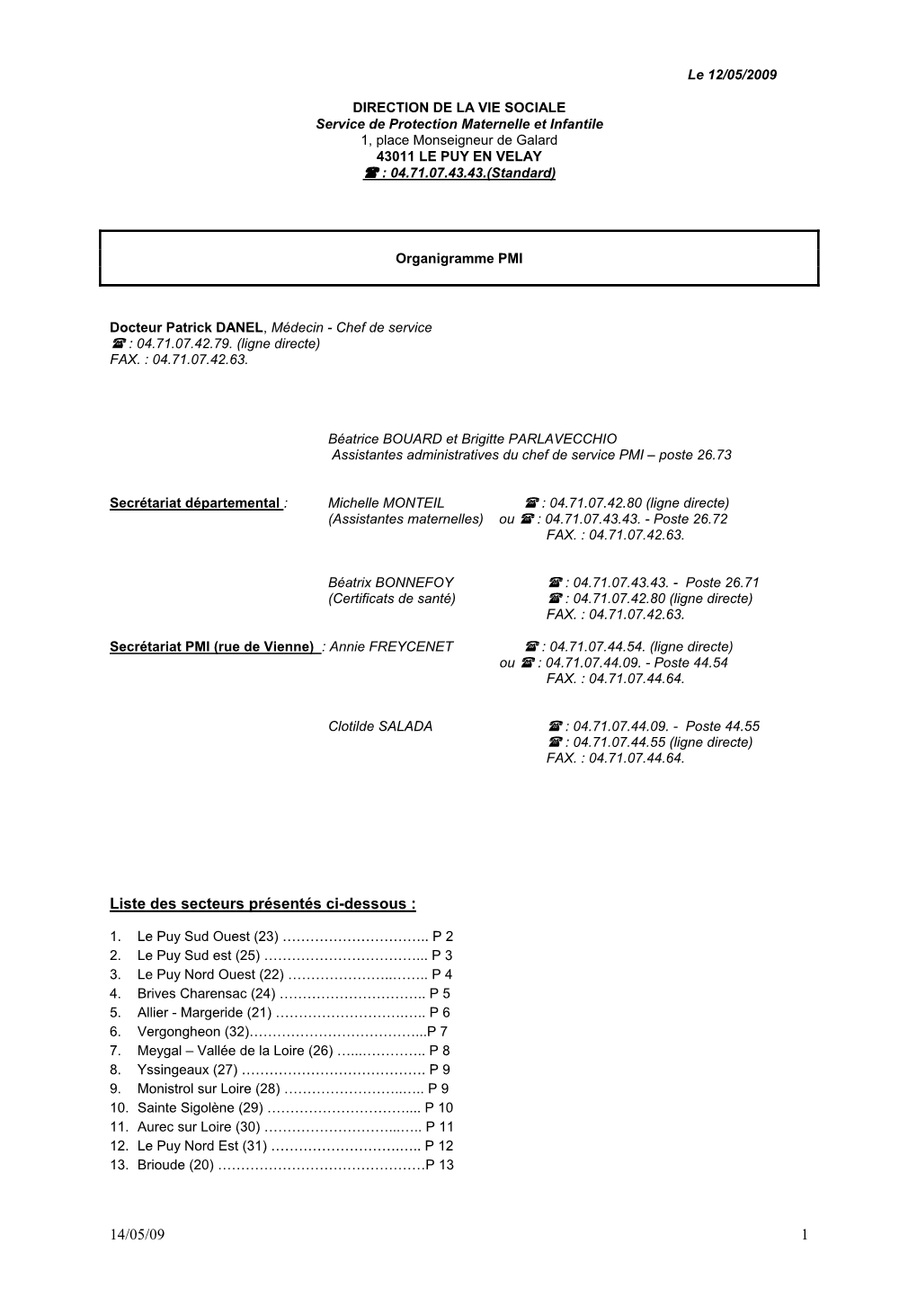 14/05/09 1 Liste Des Secteurs Présentés Ci-Dessous