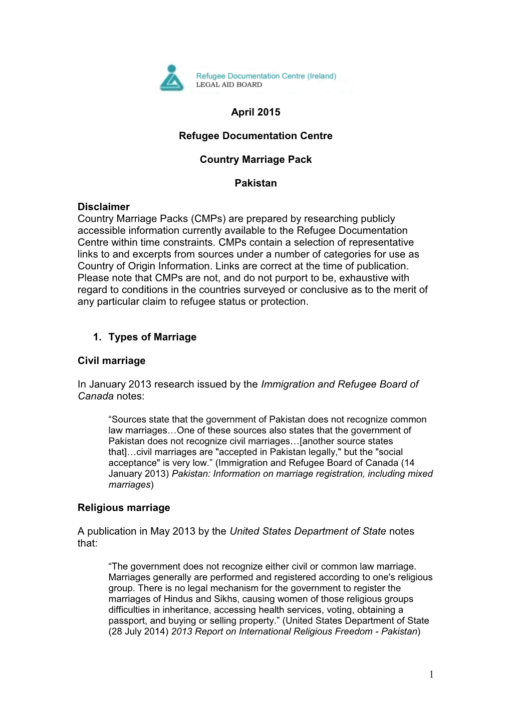 1 April 2015 Refugee Documentation Centre Country Marriage Pack