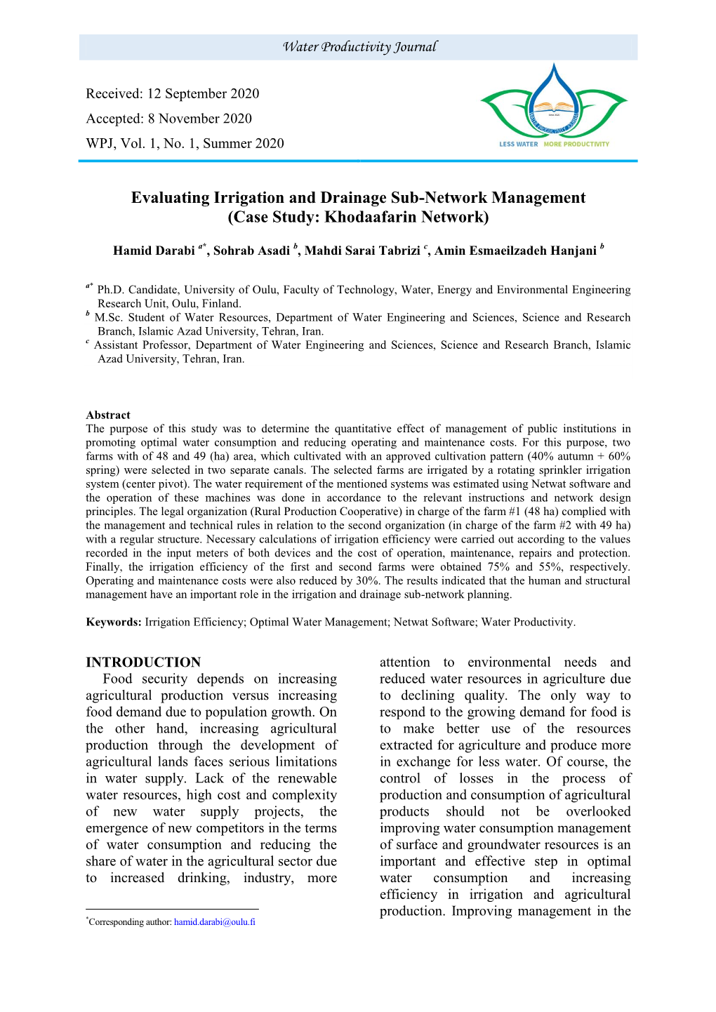 Evaluating Irrigation and Drainage Sub-Network Management (Case Study: Khodaafarin Network)