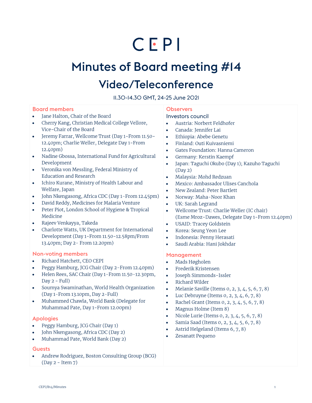 Minutes of Board Meeting #14 Video/Teleconference