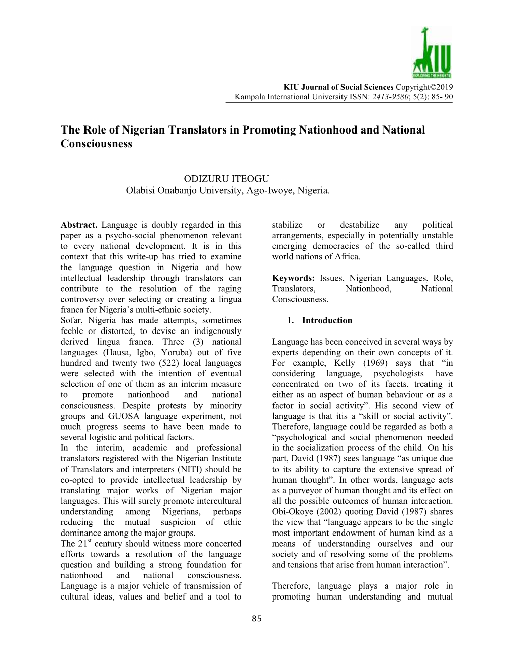 The Role of Nigerian Translators in Promoting Nationhood and National Consciousness
