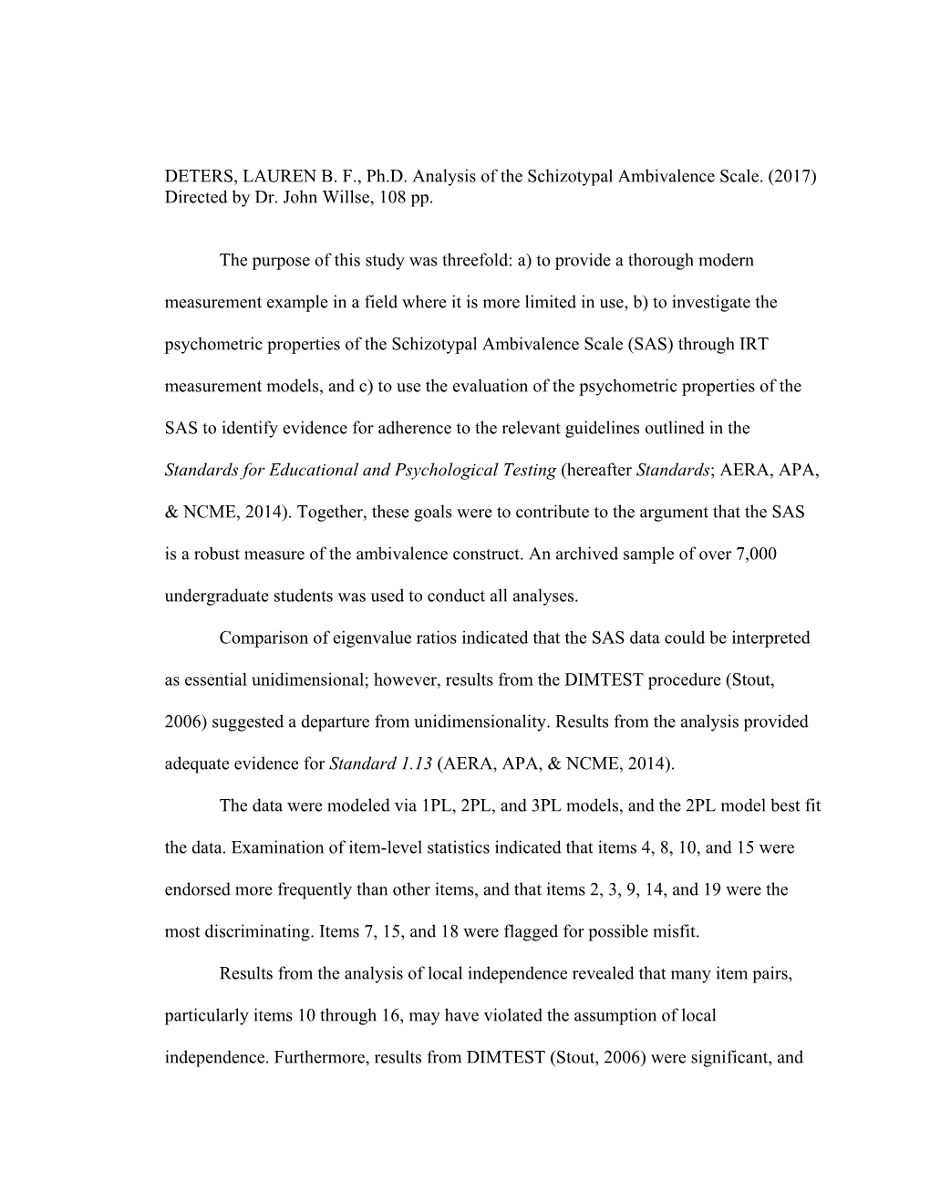 DETERS, LAUREN BF, Ph.D. Analysis of the Schizotypal