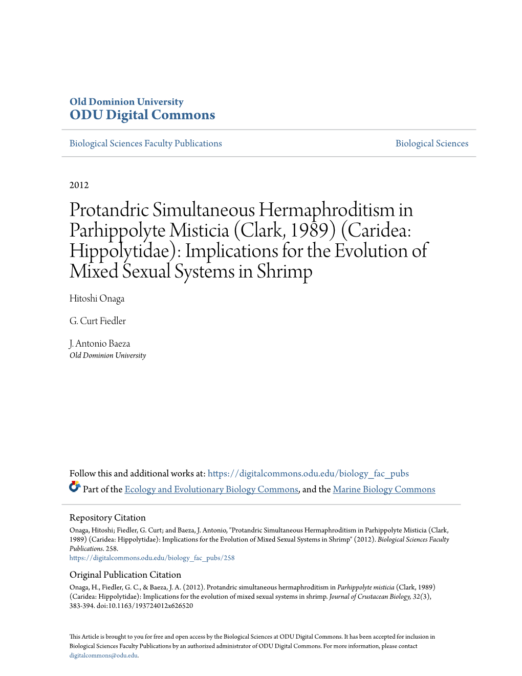 Protandric Simultaneous Hermaphroditism in Parhippolyte