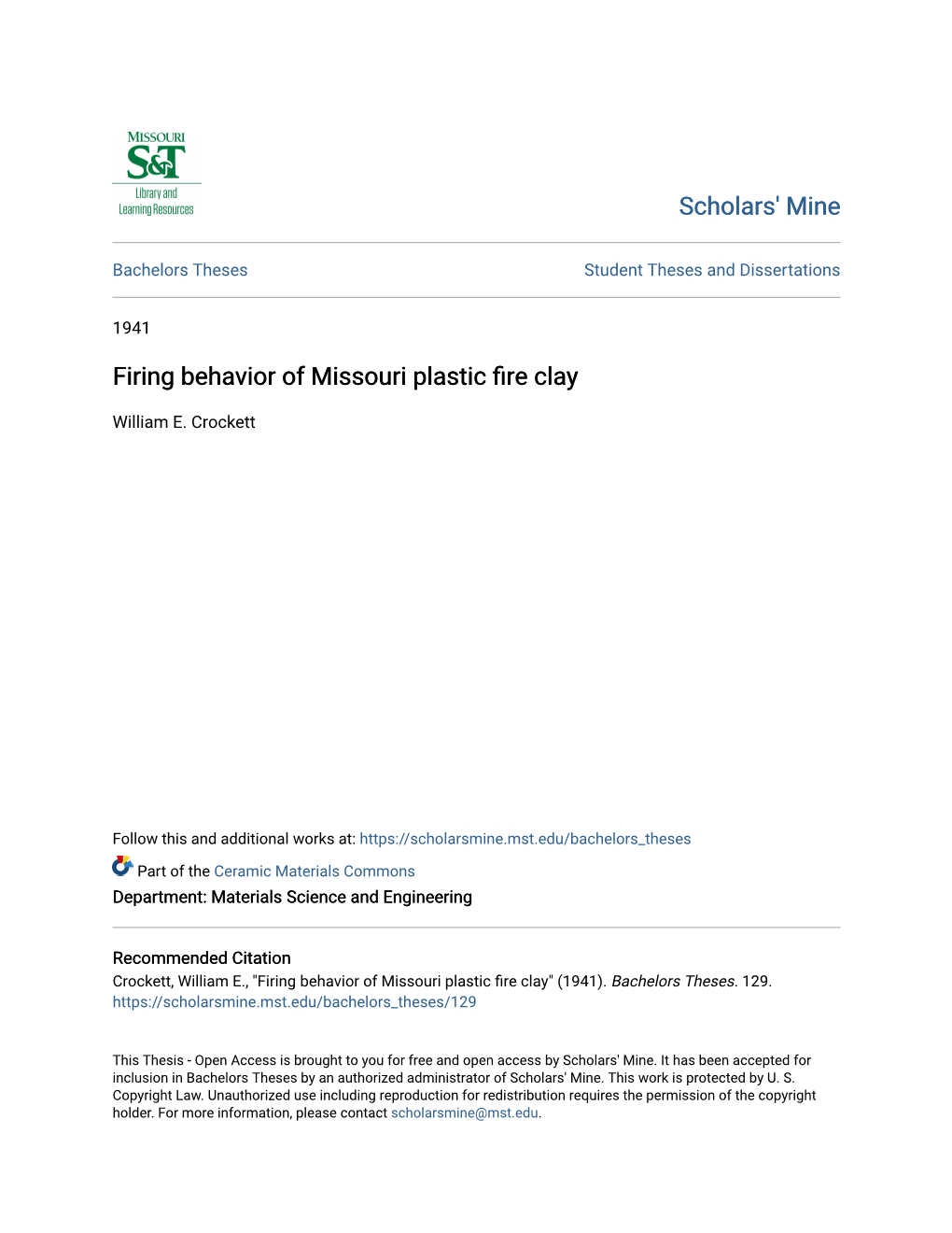 Firing Behavior of Missouri Plastic Fire Clay