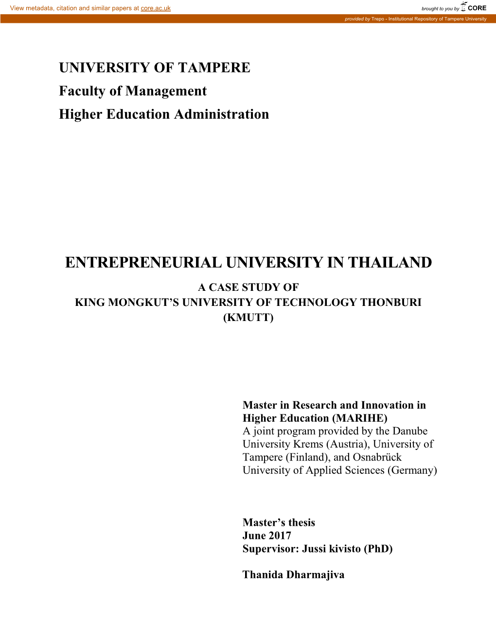 Entrepreneurial University in Thailand a Case Study of King Mongkut’S University of Technology Thonburi (Kmutt)